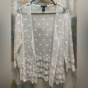Alfani Womens Solid White Open Large Knit Crochet Lace Pattern Cardigan Coat EUC